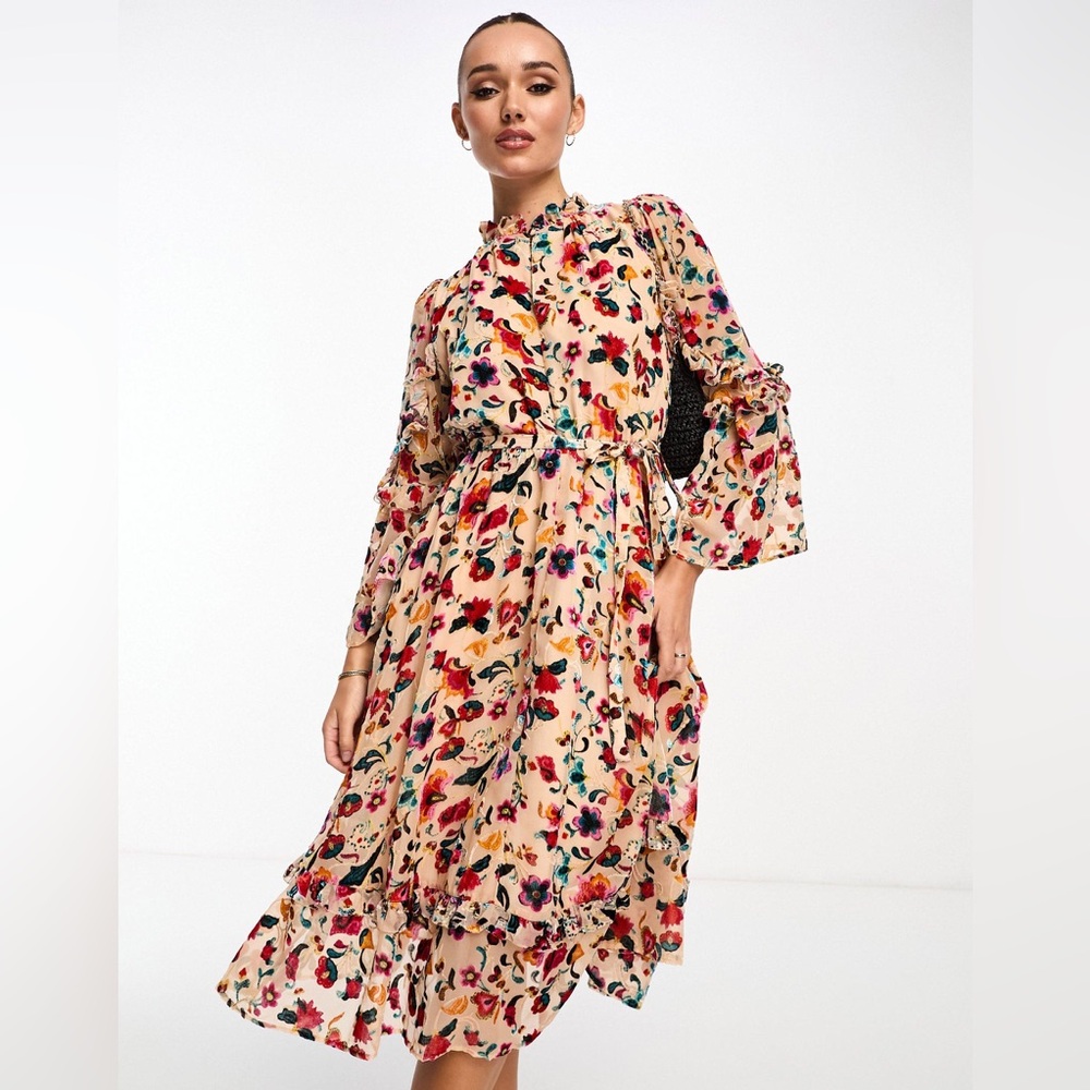 NWT French Connection Avery Long Sleeve Burnout Floral Midi Dress Toasted Almond - Picture 2 of 10